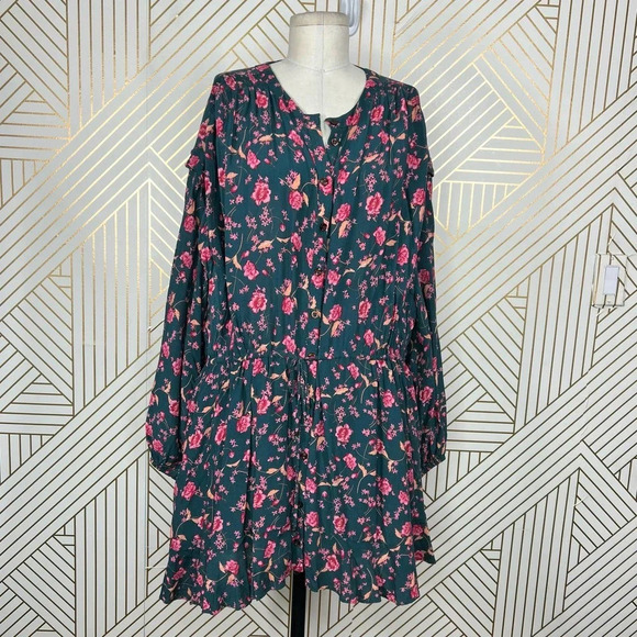Free People Flower Fields Mini Dress Green Pink Floral Print Size Medium‎ - Picture 2 of 12